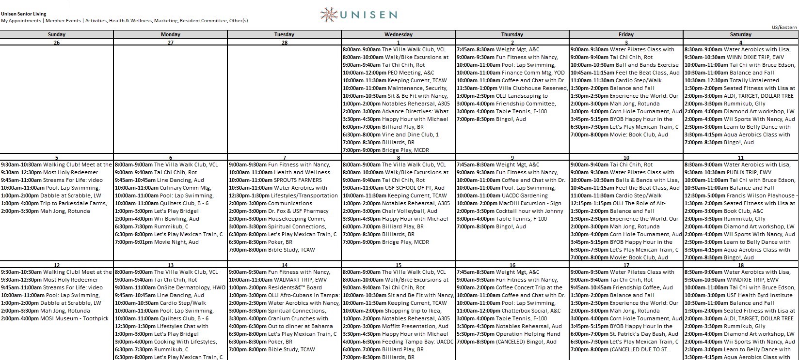 sample calendar of resident programs offered at Unisen Senior Living